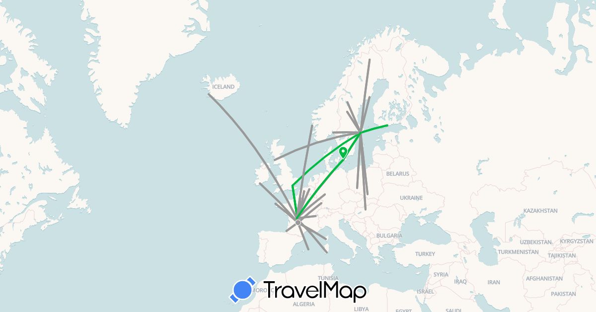 TravelMap itinerary: driving, bus, plane in Belgium, Switzerland, Germany, Spain, Finland, France, United Kingdom, Hungary, Ireland, Iceland, Italy, Norway, Poland, Sweden (Europe)