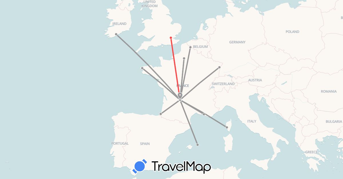 TravelMap itinerary: driving, plane, hiking in Spain, France, United Kingdom, Ireland (Europe)