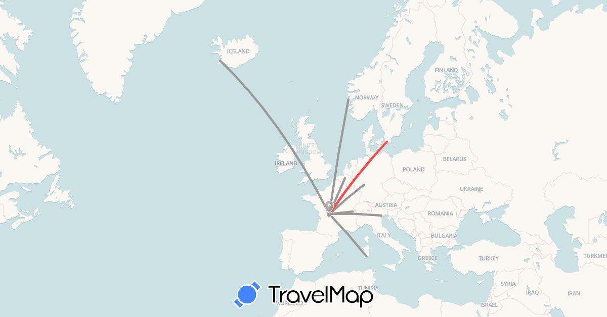 TravelMap itinerary: driving, plane, hiking in Belgium, Switzerland, Germany, France, Iceland, Italy, Norway, Sweden (Europe)