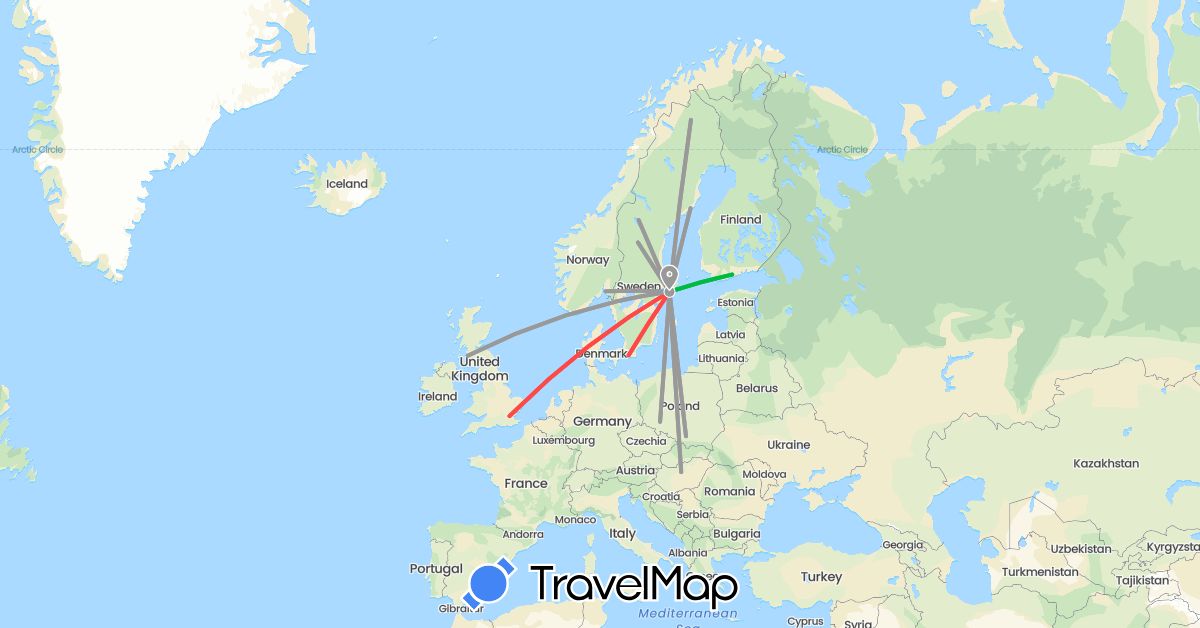 TravelMap itinerary: driving, bus, plane, hiking in Finland, United Kingdom, Hungary, Norway, Poland, Sweden (Europe)