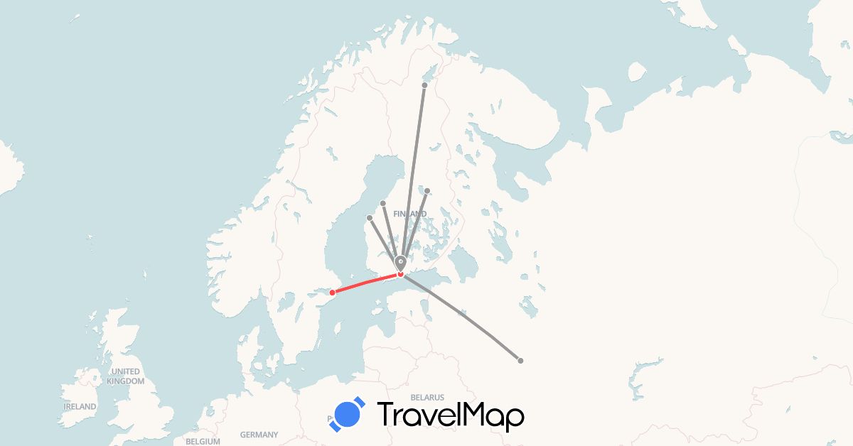 TravelMap itinerary: driving, plane, hiking in Finland, Russia, Sweden (Europe)
